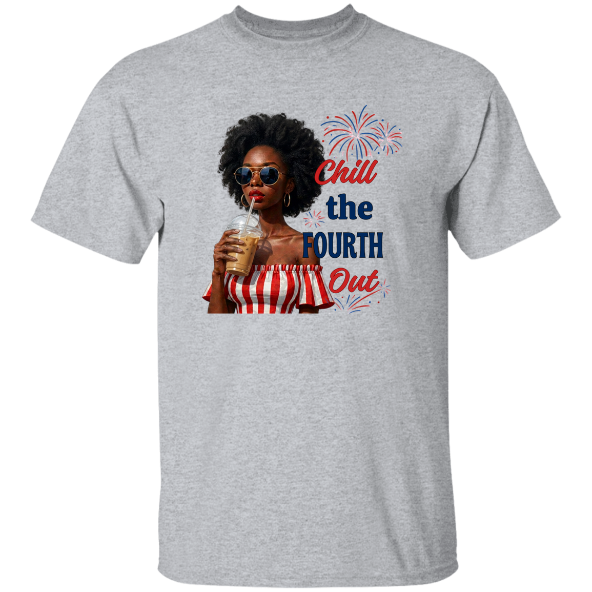 a Sport Grey t-shirt with a graphic of a woman celebrating the Fourth of July.