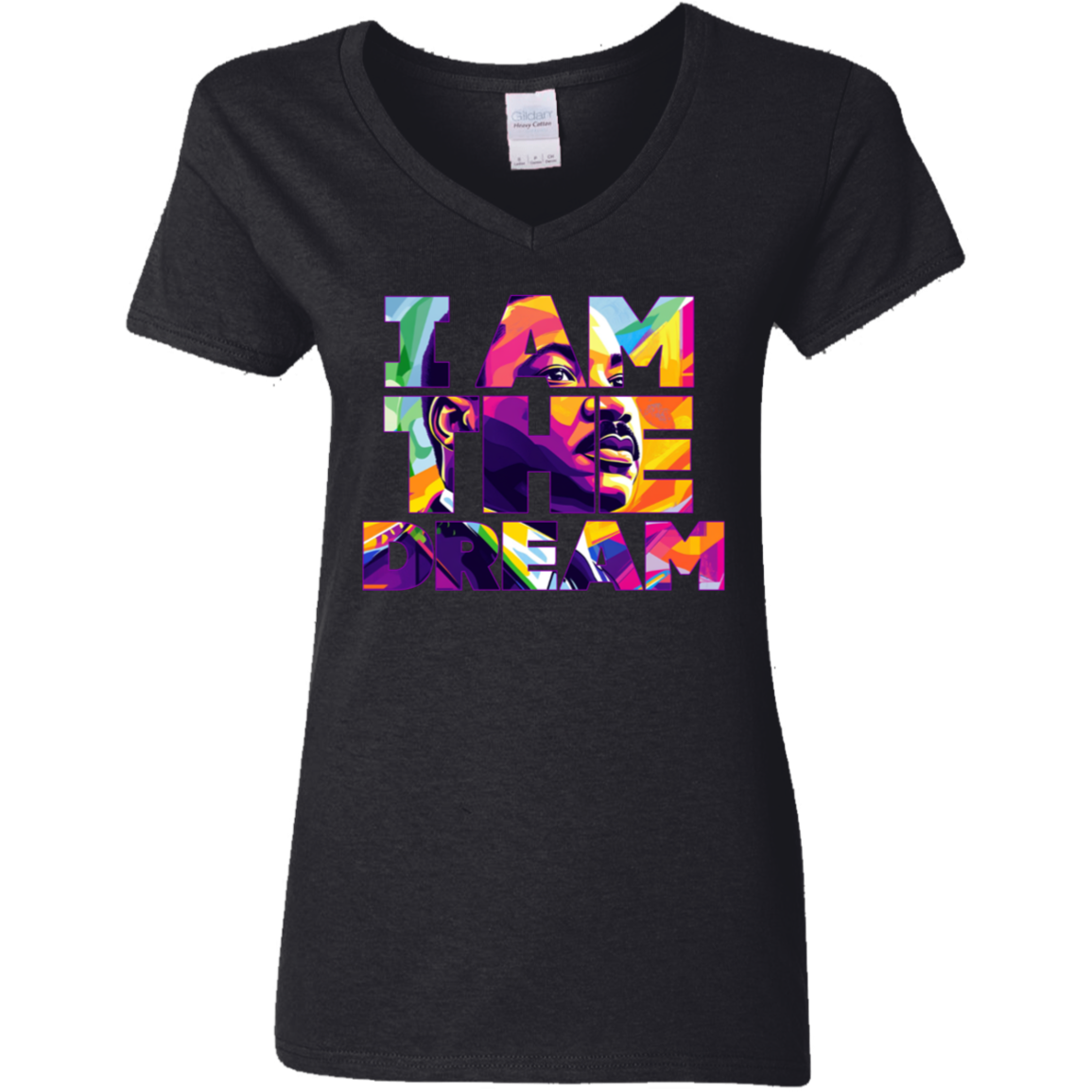Black t-shirt with colorful graphic and text I am the dream on a white background