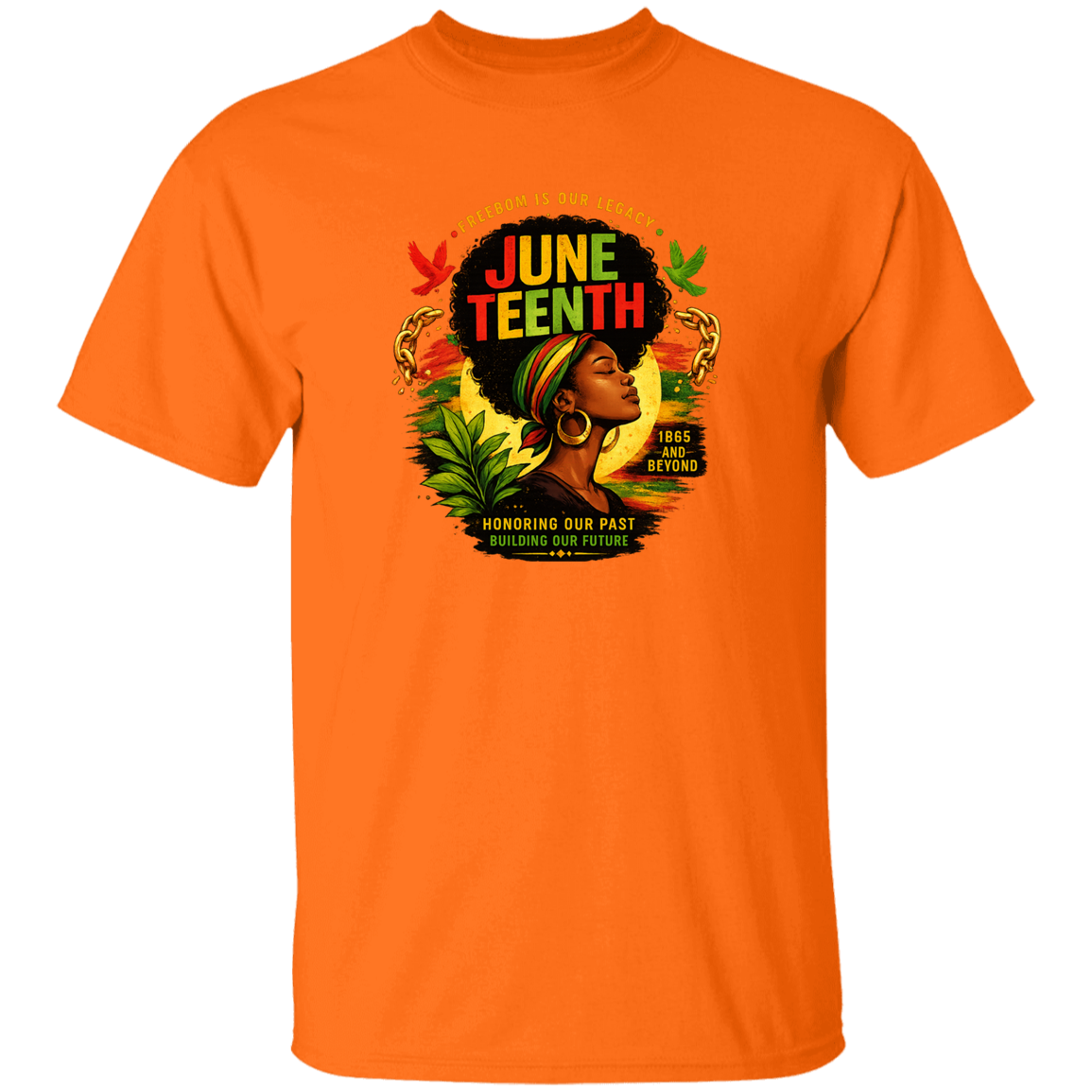 t-shirt with Juneteenth design Safety Orange featuring a woman with an afro and colorful text.