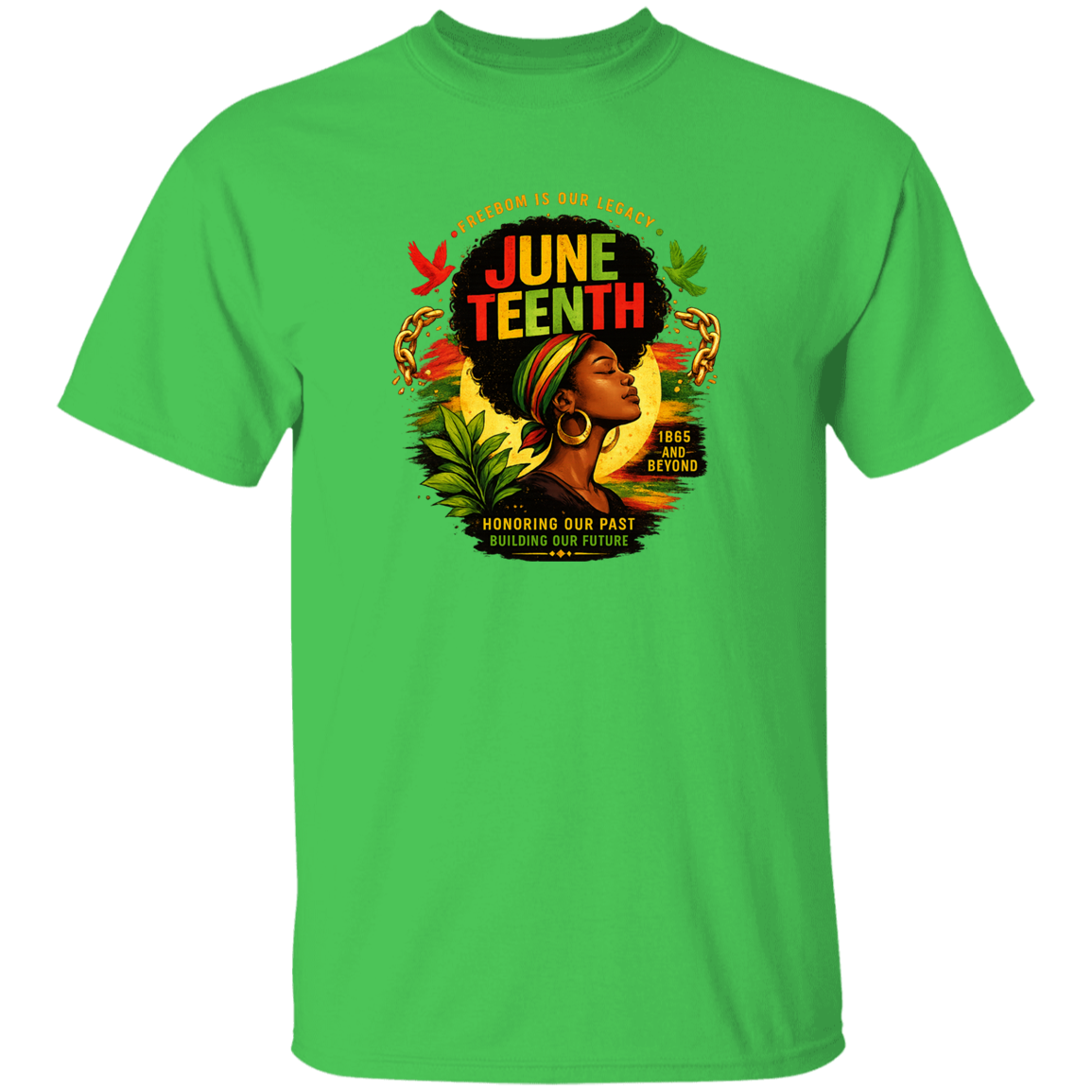 An electric green t-shirt with Juneteenth design featuring a woman with an afro and colorful text.