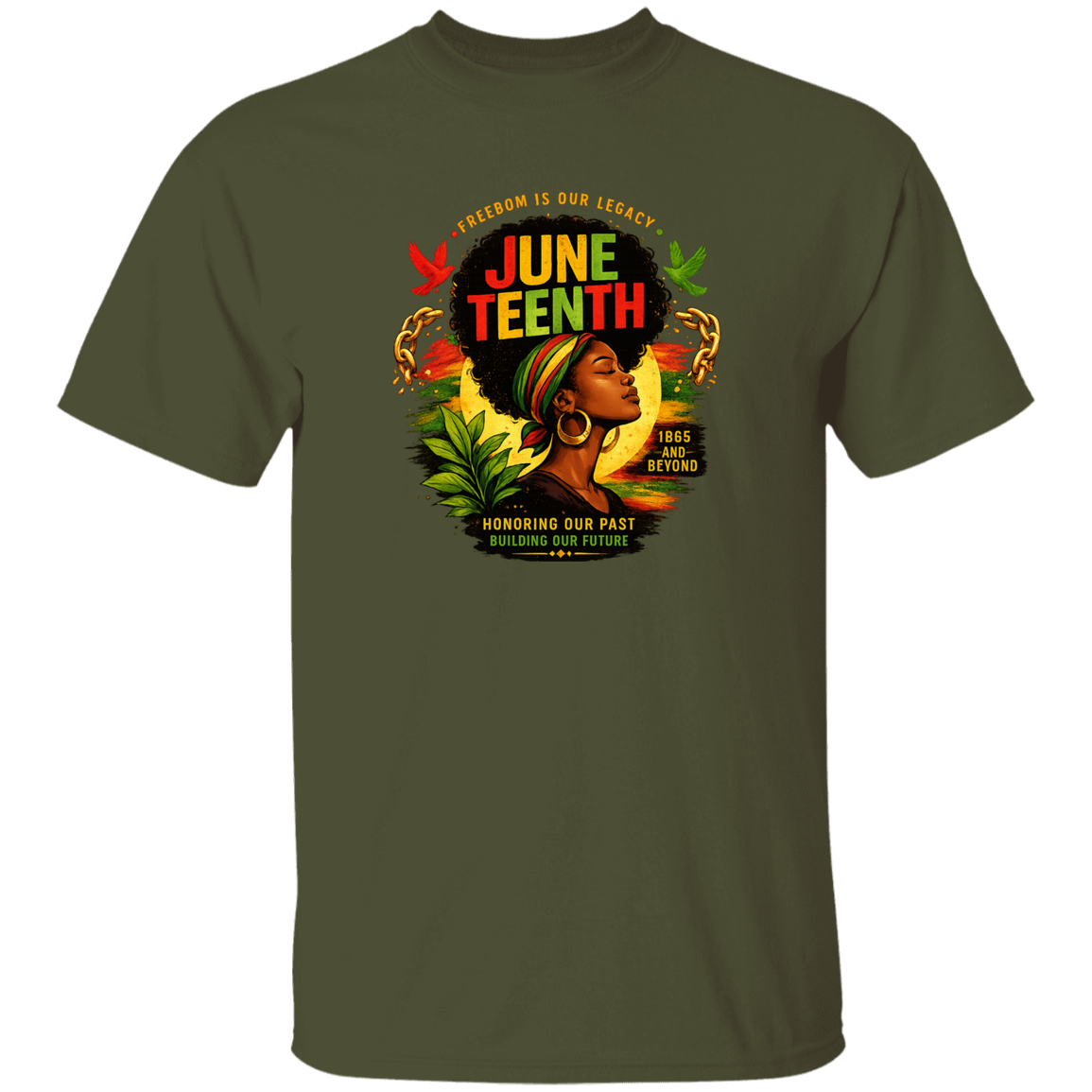 A military green t-shirt with Juneteenth design featuring a woman with an afro and colorful text.