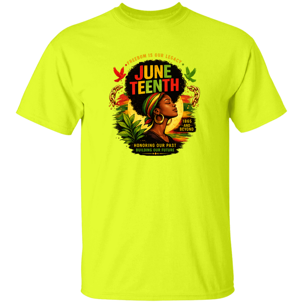 t-shirt with Juneteenth design a safety green shirt featuring a woman with an afro and colorful text.