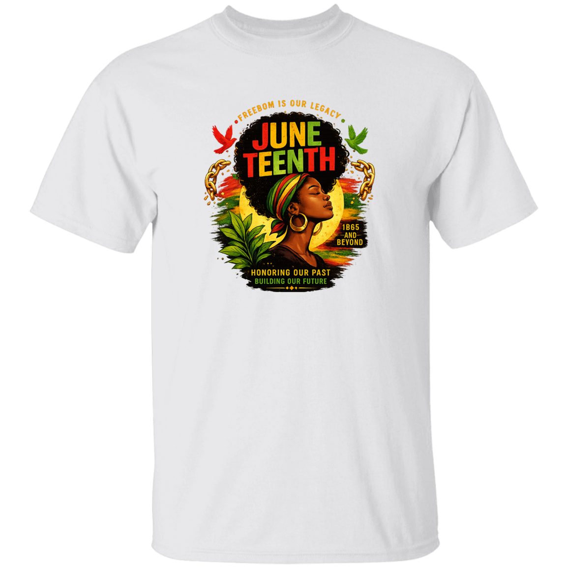 A white t-shirt with Juneteenth design featuring a woman with an afro and colorful text.