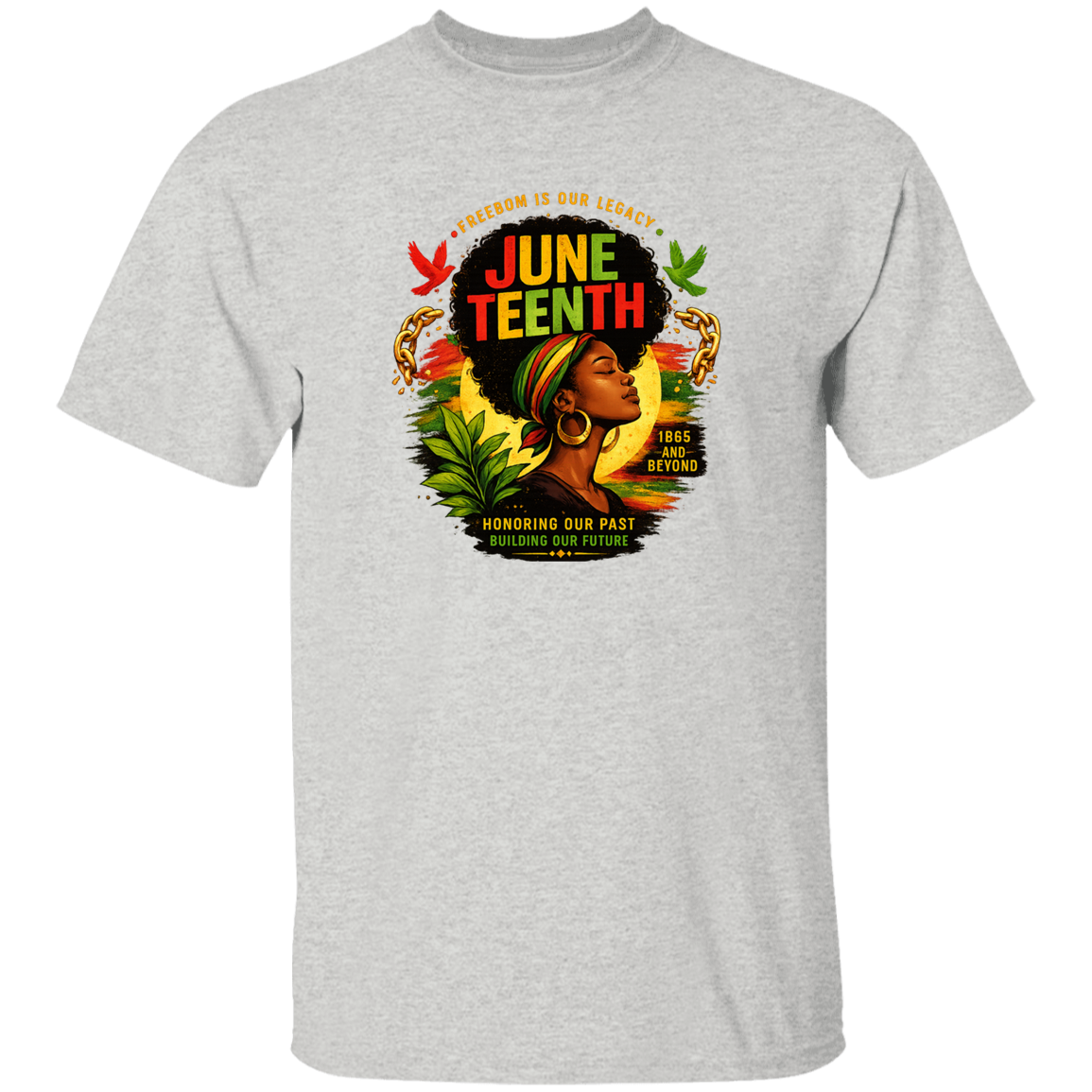 An Ash t-shirt with Juneteenth design featuring a woman with an afro and colorful text. 