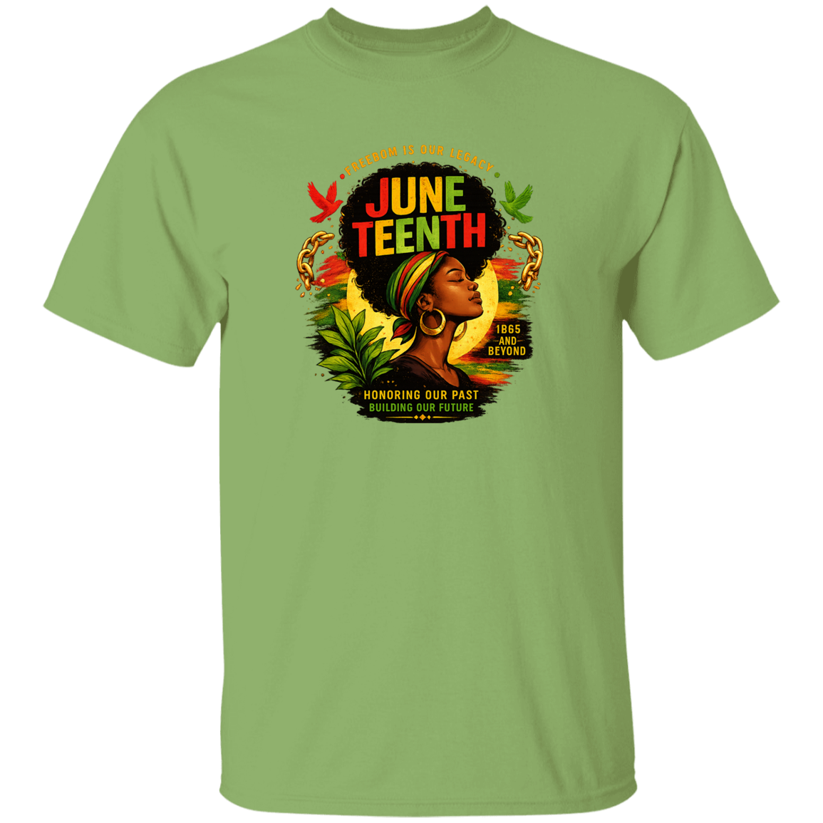 A Kiwi t-shirt with Juneteenth design featuring a woman with an afro and colorful text.