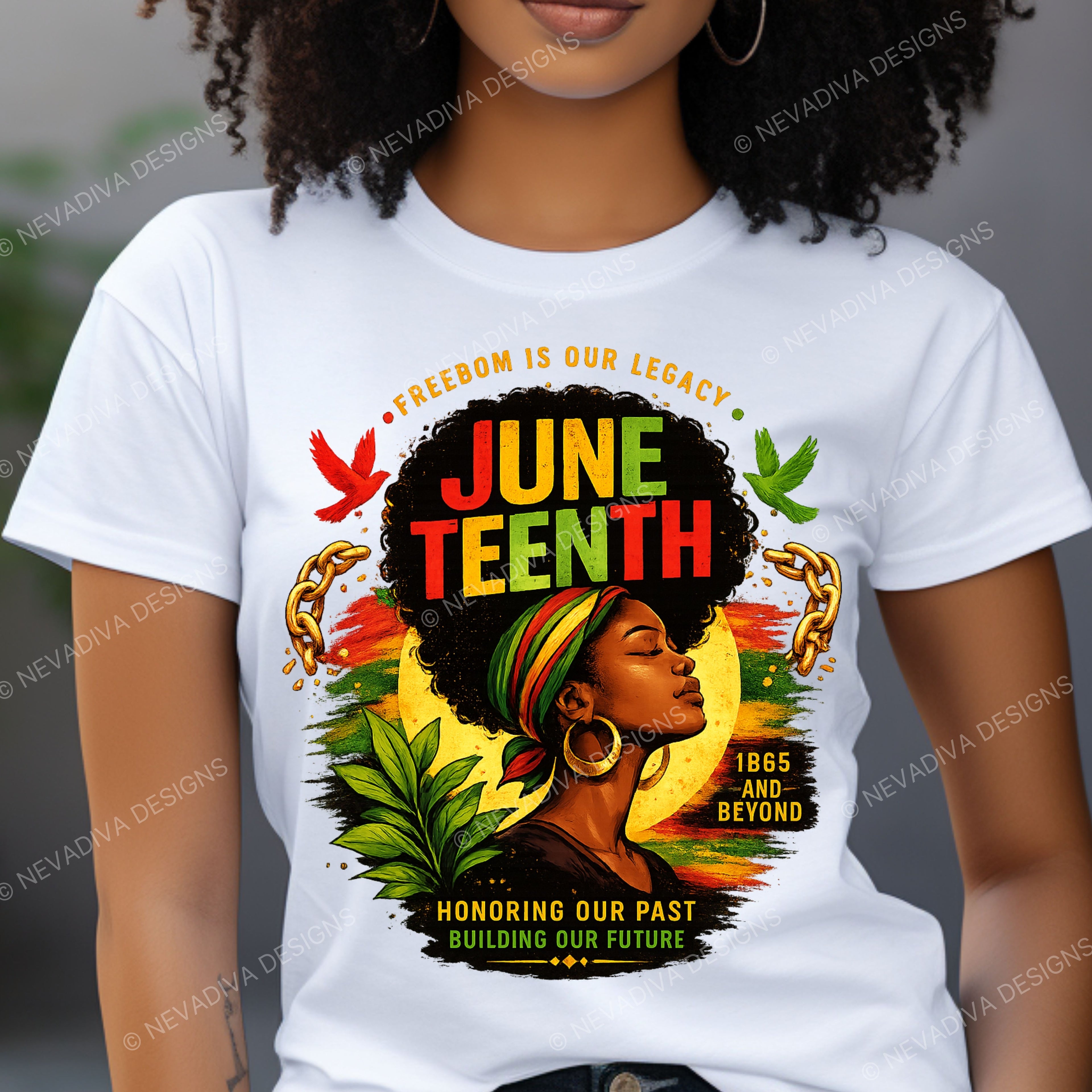 Person wearing a white t-shirt with Juneteenth design featuring a woman with an afro and colorful text.