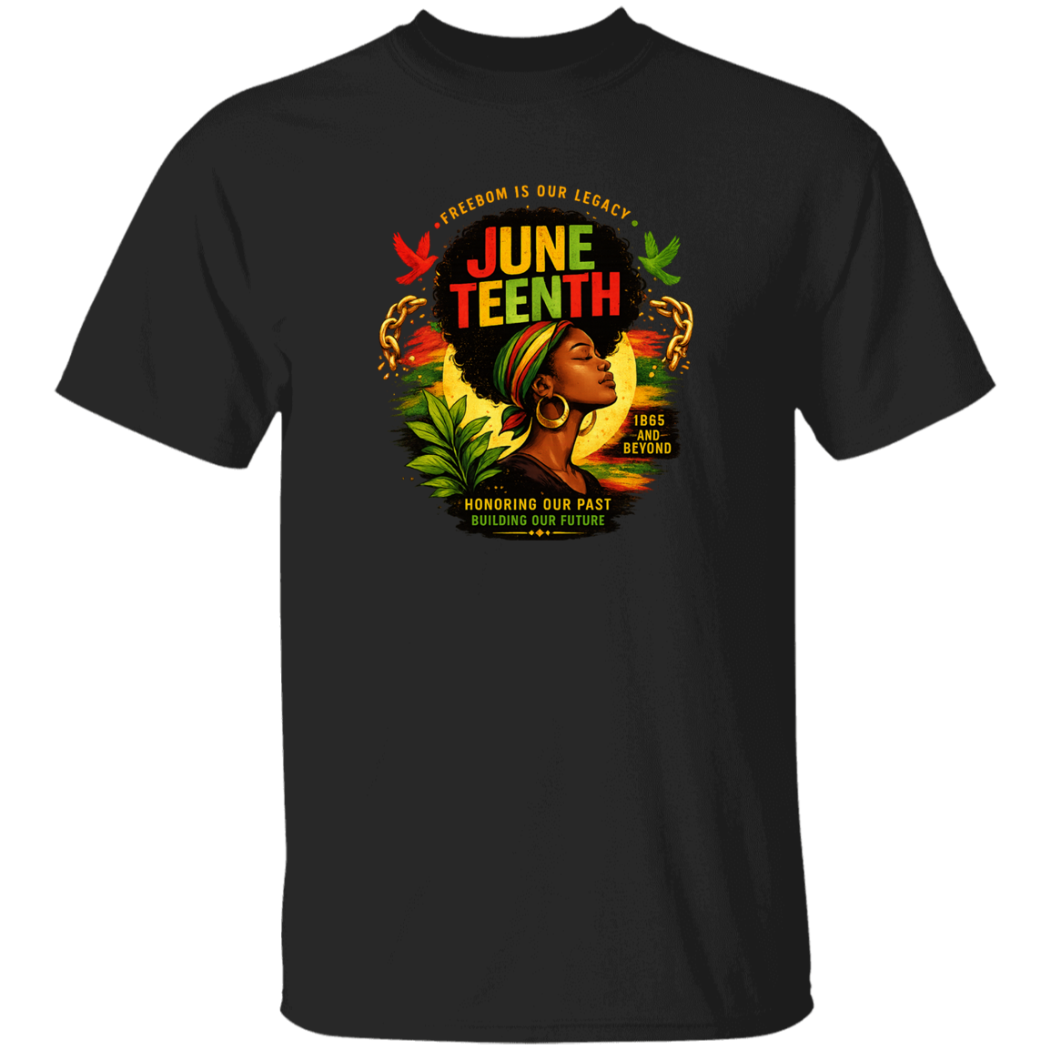 Black t-shirt with Juneteenth design featuring a woman with an afro and colorful text.