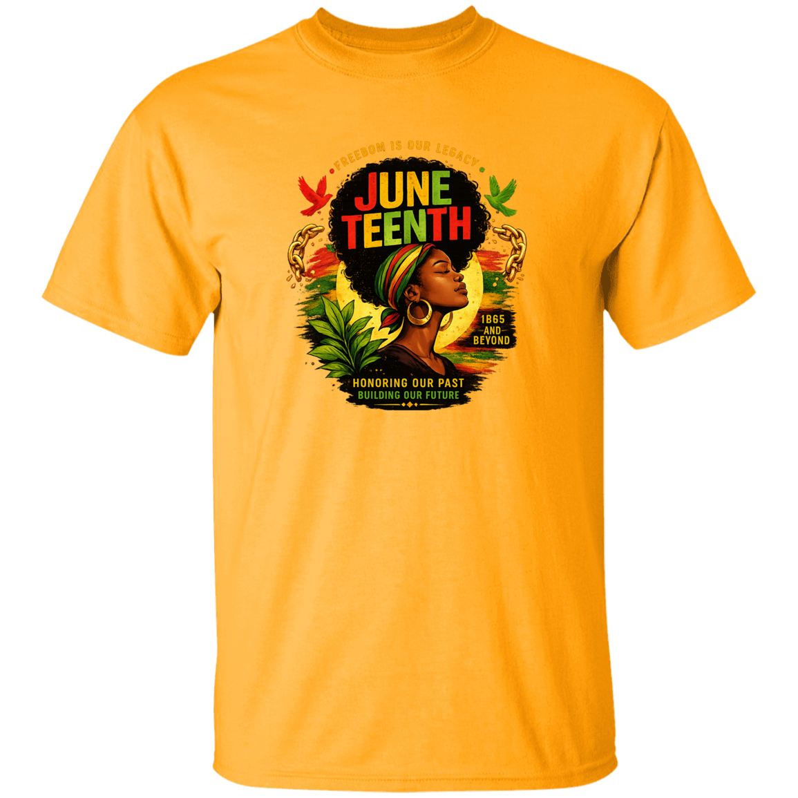 A Gold t-shirt with Juneteenth design featuring a woman with an afro and colorful text.