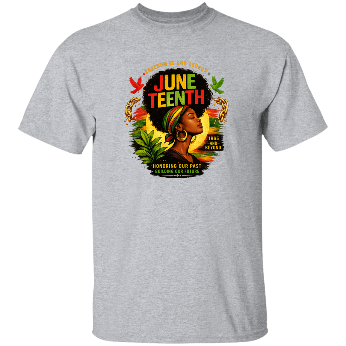 Grey t-shirt with Juneteenth design featuring a woman with an afro and colorful text.