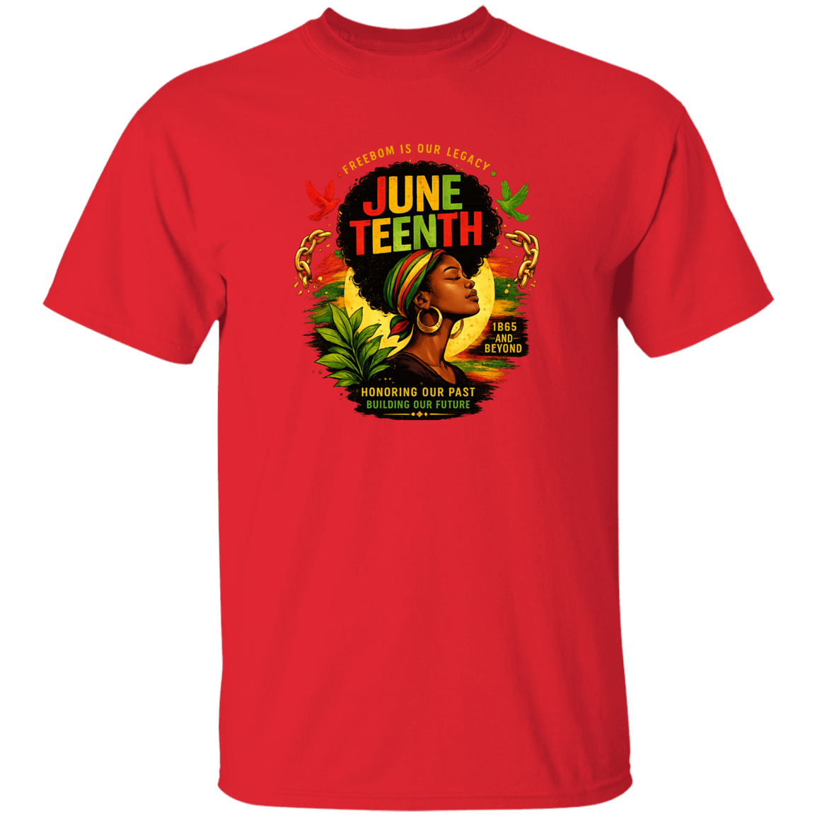 Red t-shirt with Juneteenth design featuring a woman with an afro and colorful text.